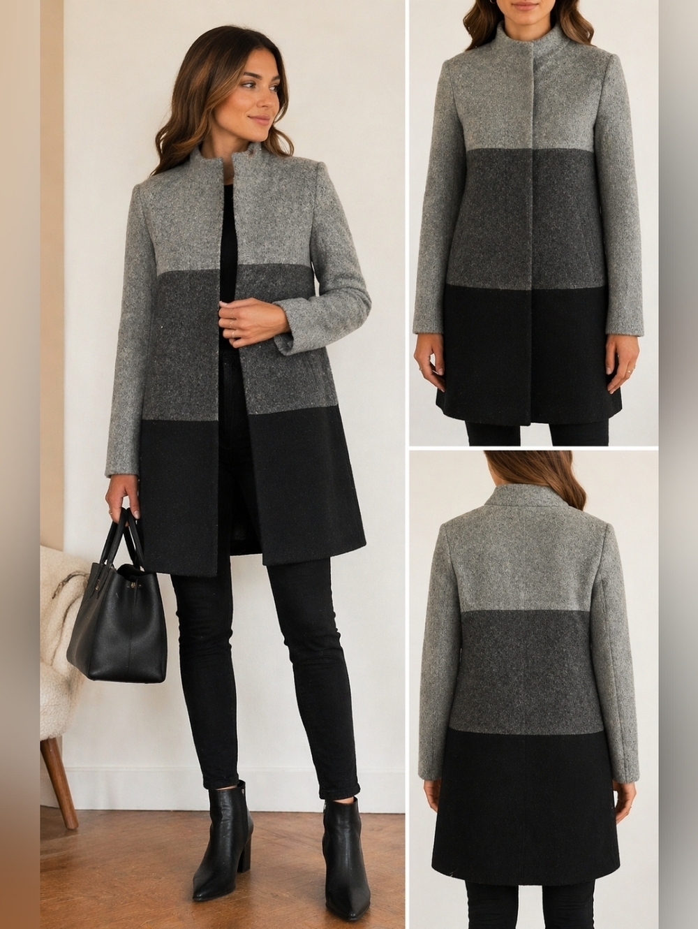 Millenium Wool Blend Colorblock Coat - Gray/Charcoal/Black 70% Wool Size S